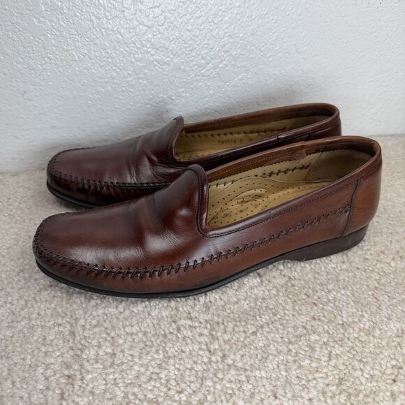 Santoni Loafers Brown Leather Dress Shoe Size 9 Slip On Moc Toe Whipstitch Italy - Picture 2 of 15